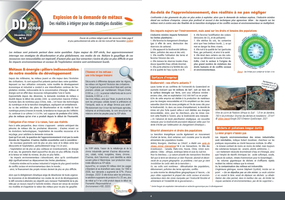 La Plate-forme 21 s'est intéressée aux métaux, dont l'approvisionnement constitue un enjeu majeur du XXIe siècle, interrogeant nos stratégies de décarbonation et plus globalement, nos modes de vie.